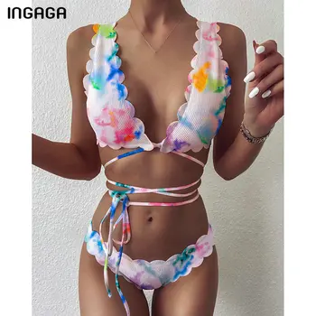 

INGAGA Push Up Bikini Set Swimsuits Lace Swimwear Women Gradient Bathing Suit Women Cross String Biquini 2020 Bikinis Beach Wear
