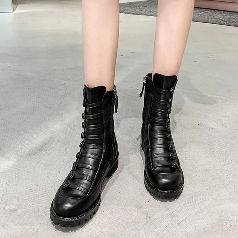 

TINGHON Buckle Decoration Flat Martin Boots Women Round Toe Black Punk Motorcycle Boots Women Zipper Ankle Boots for Women