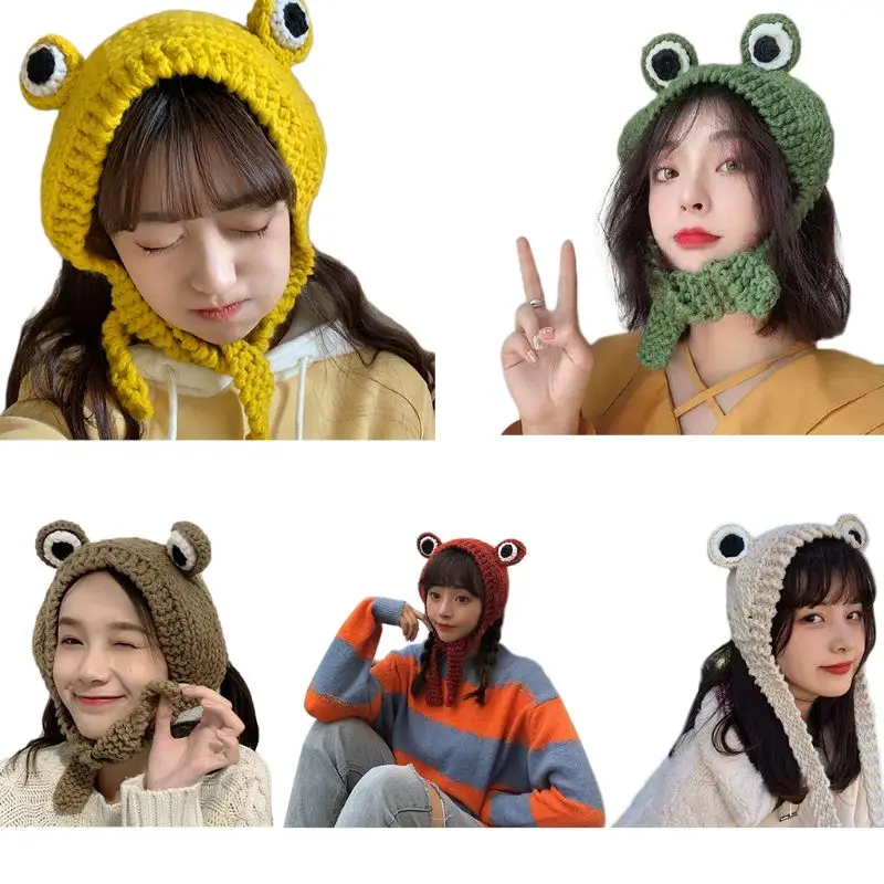 Cute Frog Eye Weave Knit Skullies Beanie Hat Solid Color Winter Warm Earflap Cap | Аксессуары для одежды