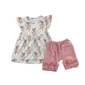 

girls boutique fashion sets dancing girls pattern pink ruffled tops with pink icing shorts sets
