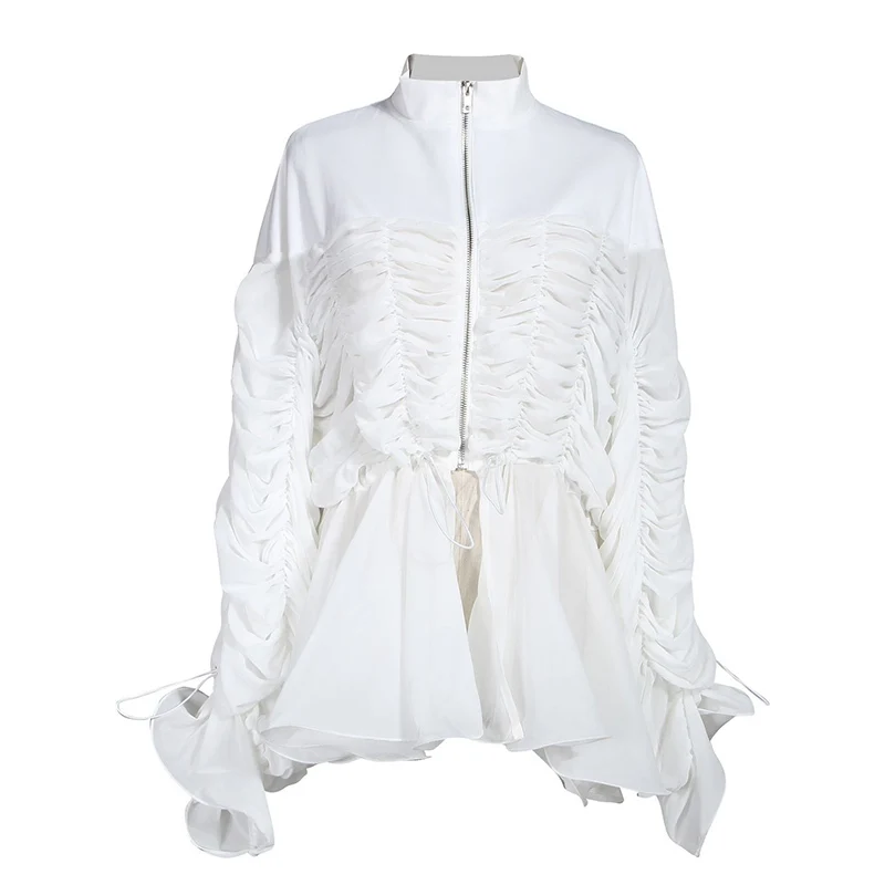 TWOTWINSTYLE женские блузки с буффами на рукавах с воротником-стойкой и рюшами на молнии Женская рубашка блузка осень негабаритная Мода - Цвет: white
