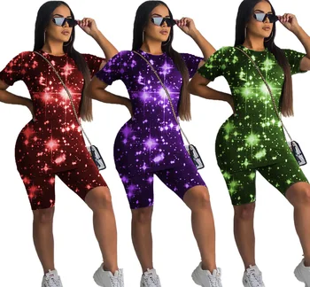 

2019 summer hot European and American women's star digital printing two-piece pants T-shirt five pants