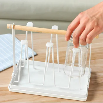 

HOT Upside-Down Cup Holder Rack Stand Metal Drain Water Glass Hanger with Wood Handle NDS