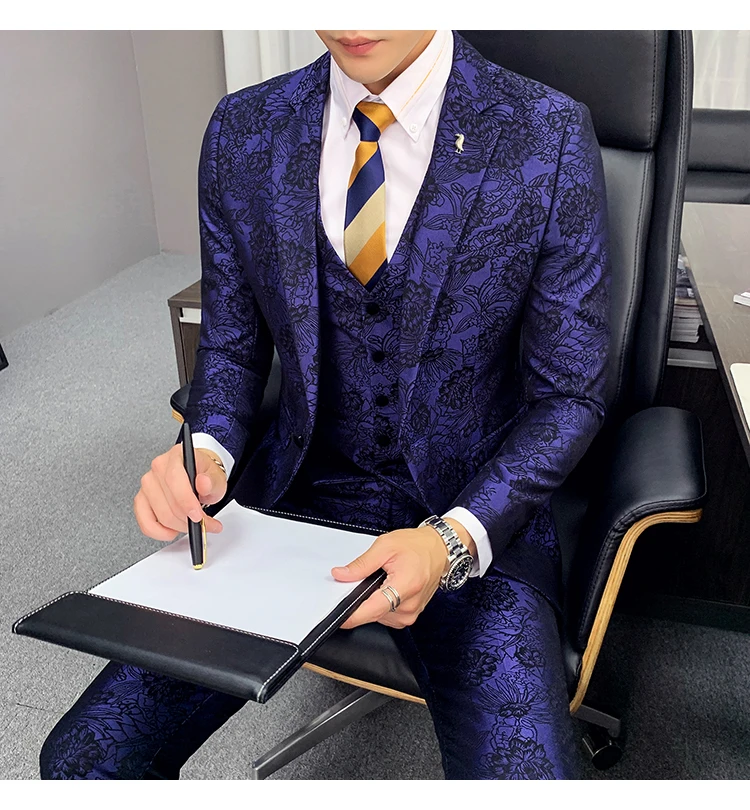 Цветочный жаккардовый костюм для мужчин Slim Fit коричневый бордовый темно-синий костюм для жениха из трех частей DJ партии выпускного вечера сценический костюм Q882