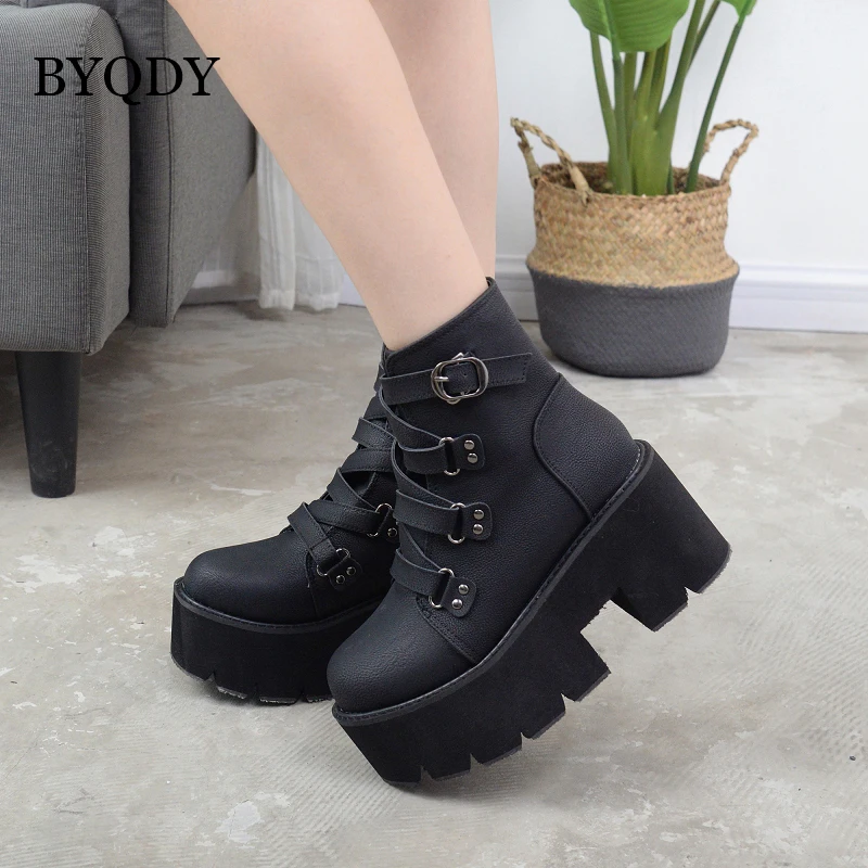 BYQDY 벨트 버클 펑크 플랫폼 부츠 여성용, 라운드 토, 여성용 웨지 신발, 높은 두꺼운 바닥, 컴포트, 최고 품질, 플러스 사이즈 42