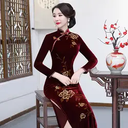 Большие размеры 3XL-4XL женские Qipao сексуальные высокие Чонсам с высоким разрезом элегантные велюровые китайские платья традиционный