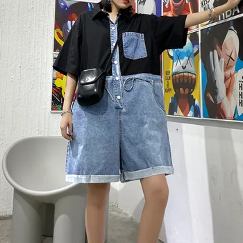 

XUXI 2020 Women Streetwear Wide Leg Rompers Fashion Summer High Waist Was Thin Stitching Work Outfit Loose Jumpsuits FZ2316