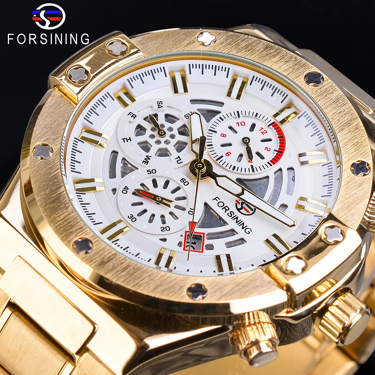 

Forsining Golden Male Mechanical Watch Automatic 6 Hands Date Military Racing Sports Stainless Steel Strap Clock Erkek Kol Saati