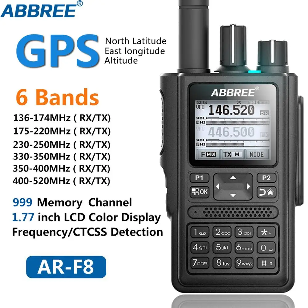 

ABBREE AR-F8 GPS location Sharing All Bands(136-520MHz) Frequency/CTCSS Detection 1.77 LCD 999CH Walkie Talkie