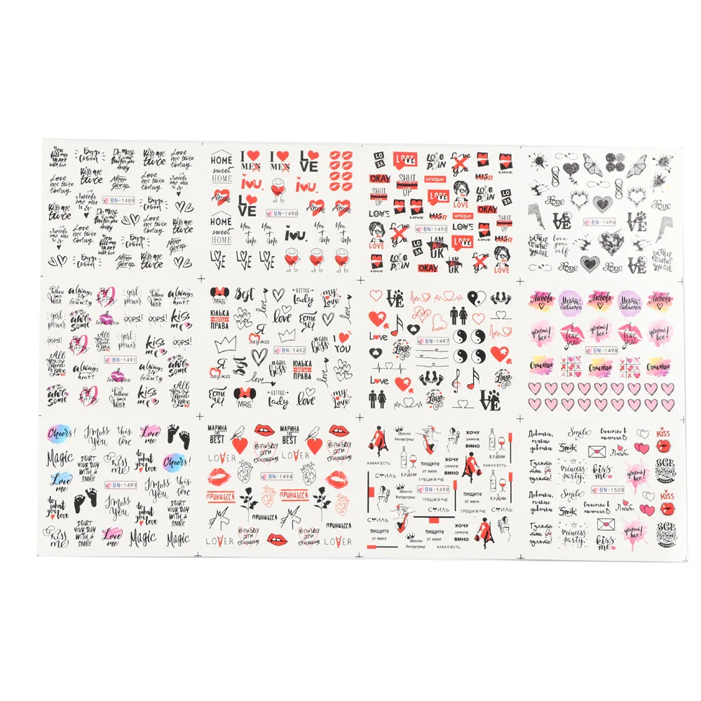 12pcs Valentines Stickers For Nails Love Heart Russian Letters Water Transfer Decals Sliders Manicure Decorations