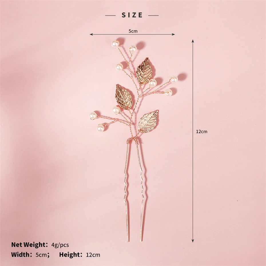 Rose Gold Color Leaf Pearl Hair Pin Wedding Hair Accessories