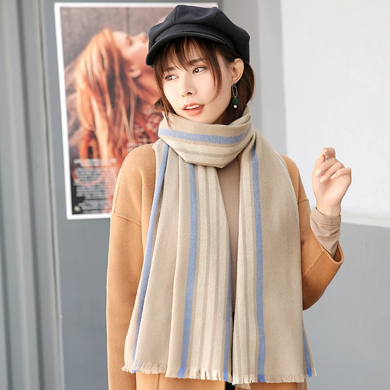 

100% Pure Wool Scarf Women Luxury Shawls and Wraps Pashmina Winter Warm Scarves for Ladies Striped Cashmere Scarf Echarpe Femme