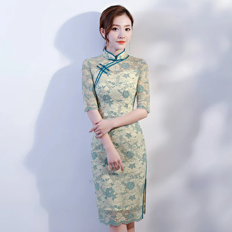 Модное зеленое Короткое платье-Ципао, китайское традиционное платье, Vestido, Восточное Чино, традиционное женское элегантное платье - Цвет: 3010 blue