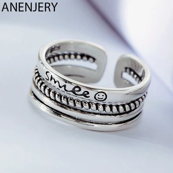

ANENJERY Simple Letter Smiling Face 925 Sterling Thai Silver Rings Mutil Layers Opening Rings For Women Men S-R503
