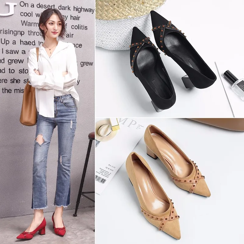 

2020 Spring Fall Luxury Women Suede Studded Khaki Black Block High Heels Pumps Flock Rivets Chunky Heels Tacones Shoes
