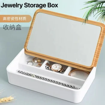 

Jewelry Storage Box with Mirror Multi-Grid Dressing Case Organizer with Bamboo Cover Necklace Earrings Rings Watch Storage Box