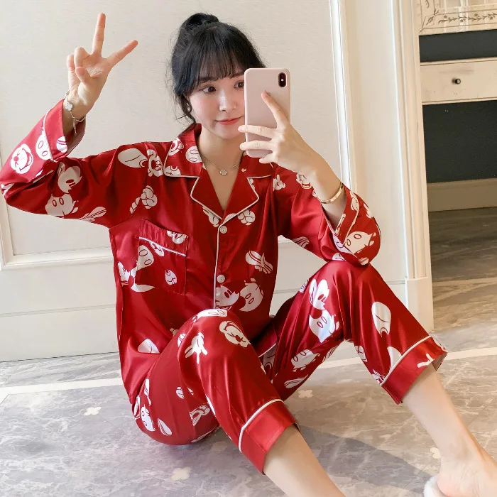 

2020 Multi--New Products Imitated Silk Pajamas Women's Summer Printed Spring And Autumn Long Sleeve Two-Piece Set Viscose Home W