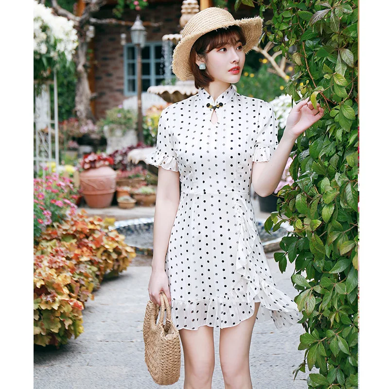 

2019 Spring And Summer New Sweet Female Short Sleeve Dresses Wave Chiffon Skirt Chinese Style Youny Girl Dress Cheongsam