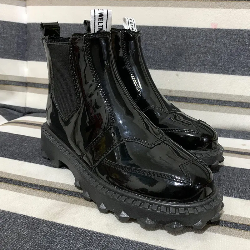 

Woman Chelsea Ankle Boots Women Elastic Band Patent Leather Boots Europe Lady Flatform Thick Heels Women's Shoes Fashion Female