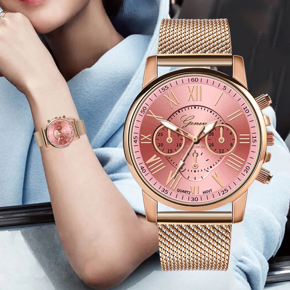 

Geneva Women's Fashion watch Rome Simple Rose Gold Silicone Strap Quartz Watches Casual Business female Mesh Analog clock