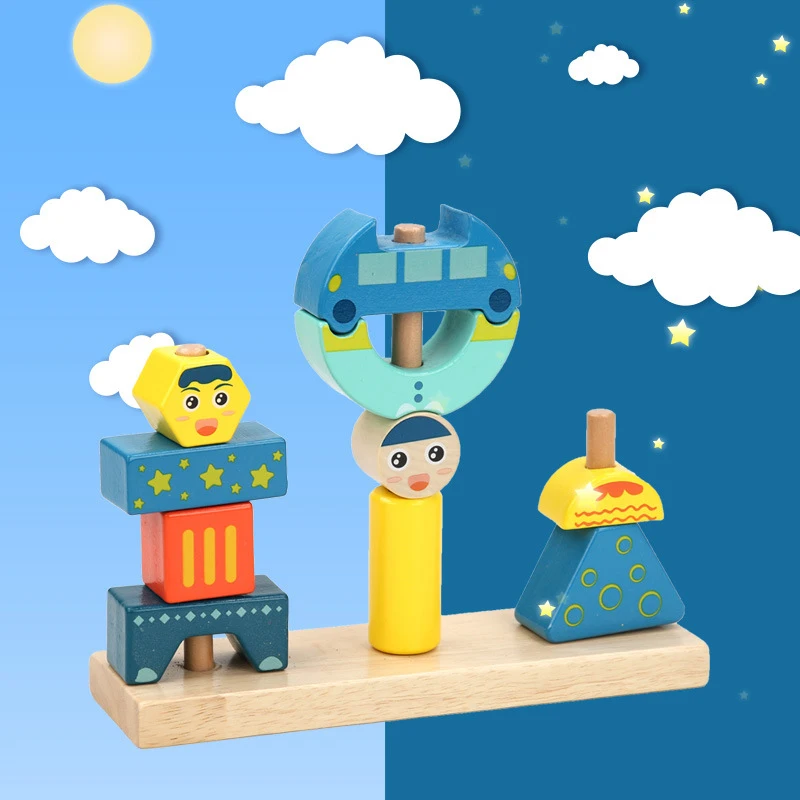 Children's Cartoon Building Block Stacking Toys Wooden Puzzles Day & Night Tower Shape Matching Games For kids Learning | Игрушки и