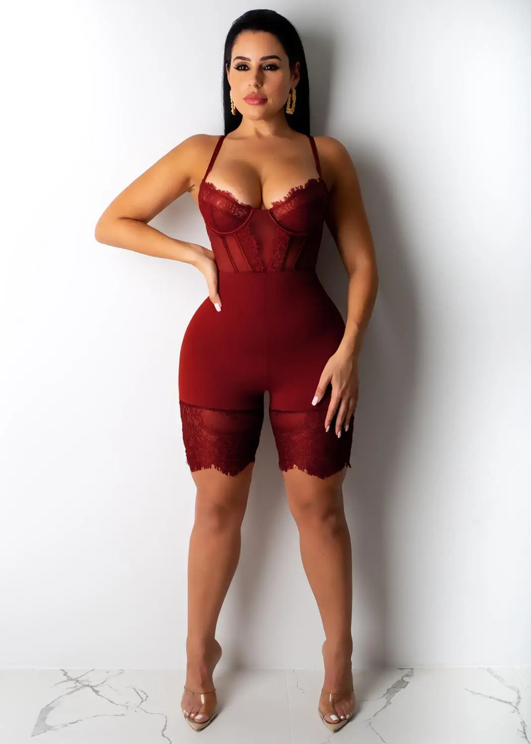 Sexy Spaghetti Straps Bodaysuit Lace See Through Sleeveless Short Romper Women Jumpsuits Solid 6 Color Overalls - Цвет: burgundy