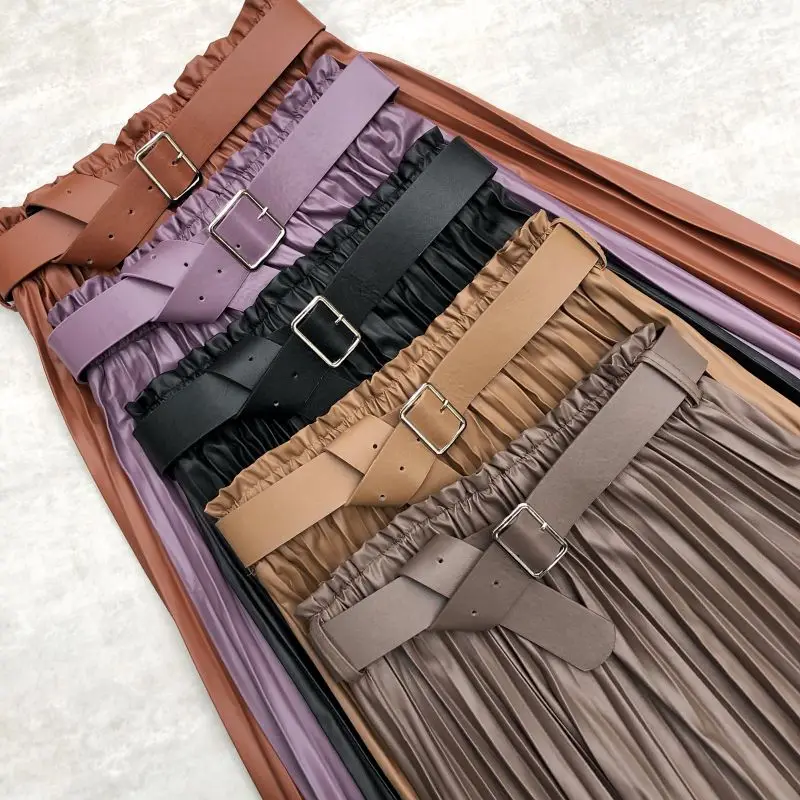 Neophil Women PU Faux Leather Runched Belt Skirts Paperbag Bud Waist Wavy Pleated Latex Crinkle Female Winter Long Skirt S21803