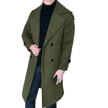 

New style Men's fashion trench coat Men Medium-Long windbreaker Double-breasted Man Classic Solid color Thick warm casual jacket