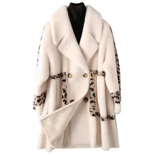 Новое поступление, зимнее пальто с мехом ягненка, большие размеры, женские пальто из натуральной шерсти, замшевая кожаная подкладка, шикарная верхняя одежда с леопардовым принтом, T577