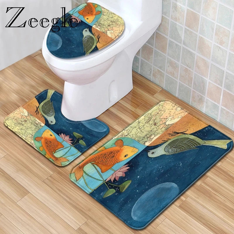 Zeegle Toilet Seat Cover Rug Carpet Toilet Shower Mat 3pcs Bathroom Mat Set Anti Slip Toilet Pattern Flannel Bathroom Foot Suit