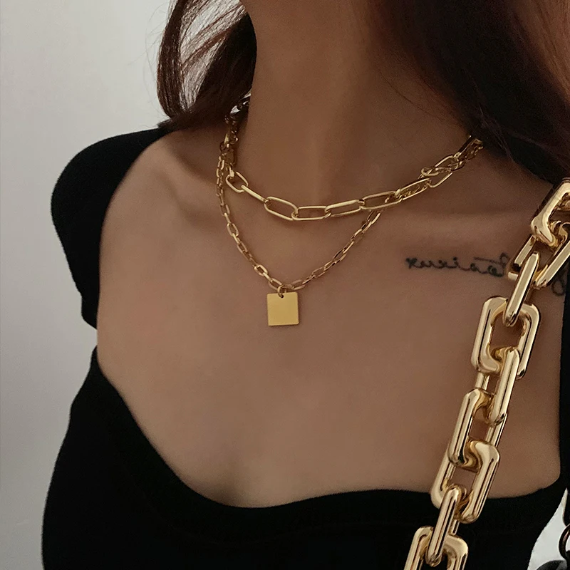 Peri'sBox Simple Double Layer Oval Chain Square Pendant Necklace Fashion Punk Goth Necklaces For The New Year Gifts Jewelry 2020
