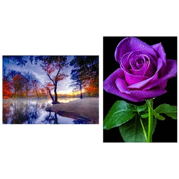 

Full Drill 5D Diamond Painting Reflection Red Tree & DIY Diamond Embroidery Purple Rose Diamond Painting Cross Stitch