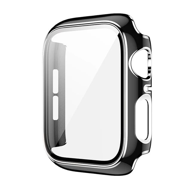 360 Full Screen Protector Bumper Frame Matte Hard Case For Apple Watch 38/40/42/44mm Cover Tempered Glass Film IWatch 6/SE/5/4/3 Black silver