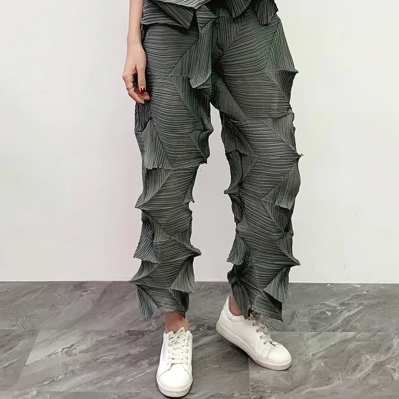 MIYAKE плиссированная куртка со стразами+ прямые брюки Зимний свободный большой размер плиссированный комплект из двух предметов брюки костюм