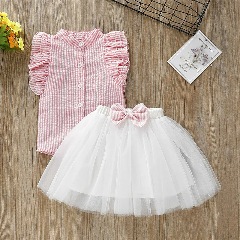 2PCS Set Girls Kids Baby girl striped Ruffle sleeveless Tops+ Lace Tulle Skirt Outfits Clothes set