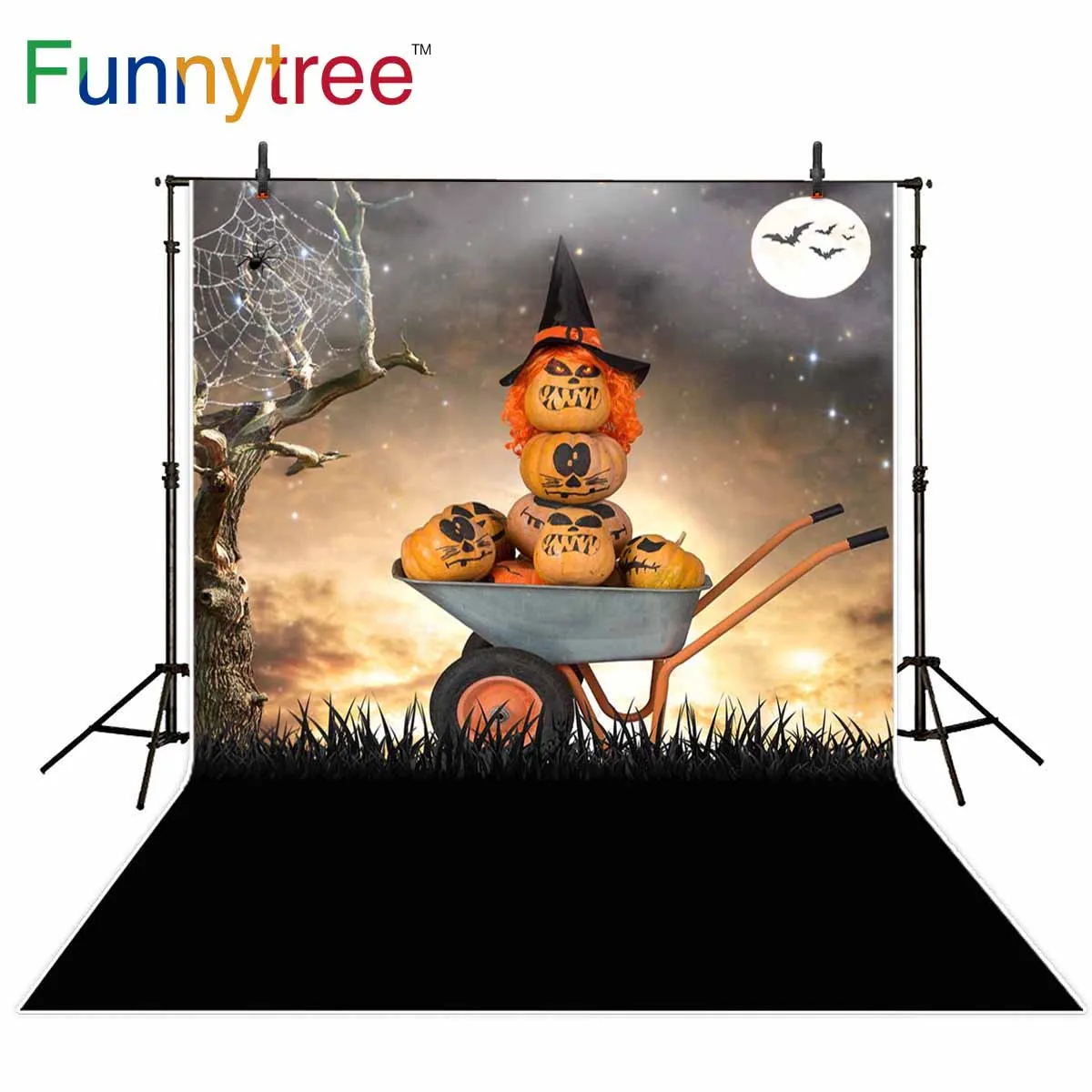 

Funnytree Halloween photography photobooth autumn pumpkin Magic hat Cart moon backdrop decoration studio photocall photophone