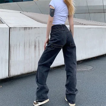 קוריאני אופנה אישה ג 'ינס רופף מזדמן ישר רגל Highwaist ג' ינס נקבה Streetwear אביב ובסתיו מכנסיים