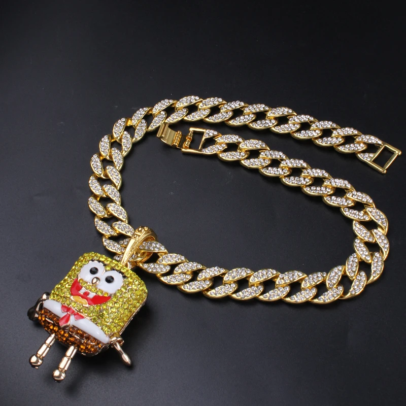 Мужская хип-хоп льдом большая губка Боб подвеска с 15 мм 1" полный Iced кубинская цепочка для колье ожерелье с мишурой - Окраска металла: Gold