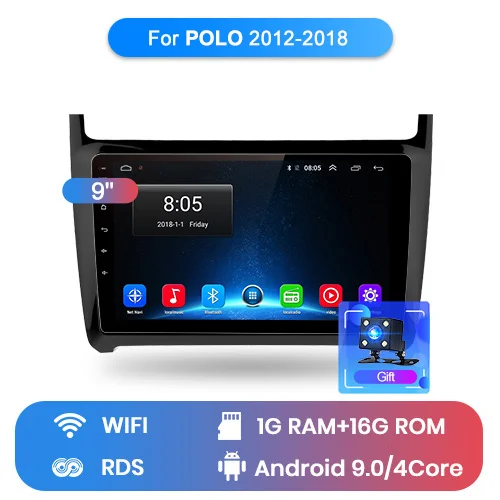 Junsun 2G+ 32G Android 9,0 для Volkswagen POLO 2012- Авто 2 din Радио стерео плеер Bluetooth gps навигация нет 2din dvd - Цвет: WIFI (1GB 16GB)