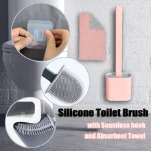 Silicone WC Toilet Brush Flat Head Flexible Soft Bristles Brush With Quick Drying Holder Set Cleaning Brush For WC Accessories