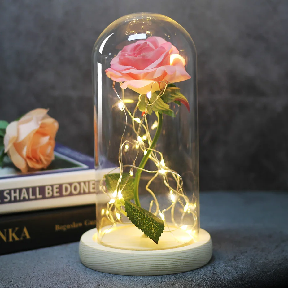 6 цветов Красота и чудовище красная роза в колбе стеклянный купол на деревянной основе на День Святого Валентина подарок светодиодный лампы с розами Рождество - Цвет: Розово-красный
