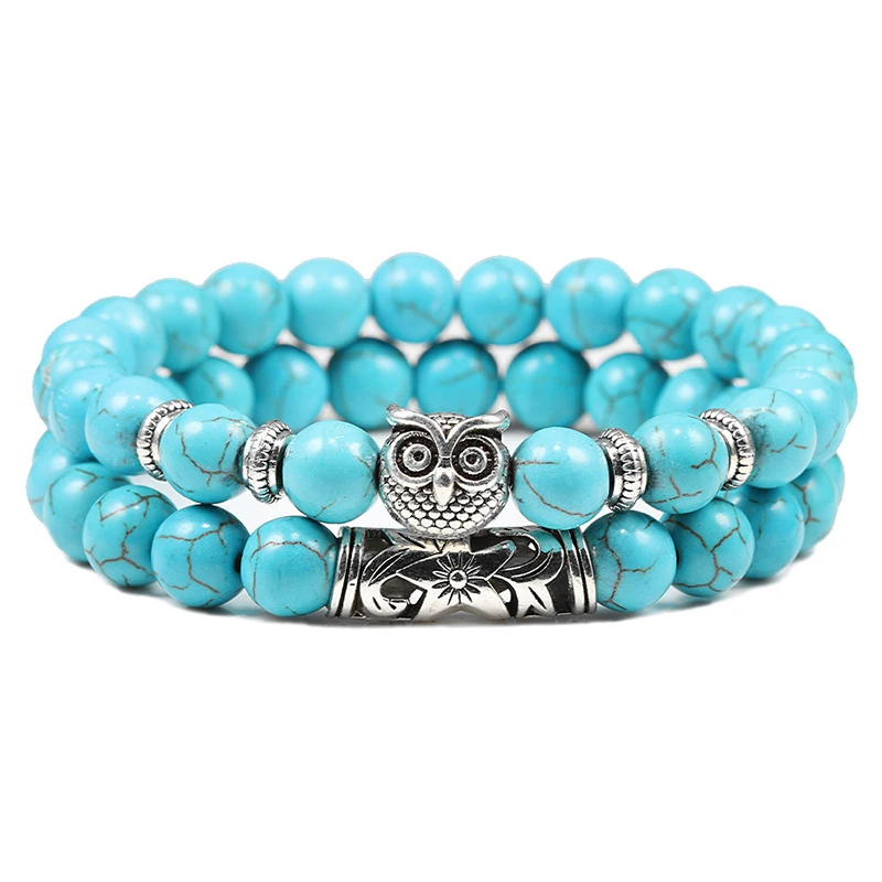 Blue Модный комплект одежды из 2 шт./компл. натуральный камень тигровый глаз расстояние браслет бусины в форме Совы Для мужчин с чёрными мытыми бусами Браслеты для Для мужчин Для женщин, ювелирное изделие, подарок - Окраска металла: Blue