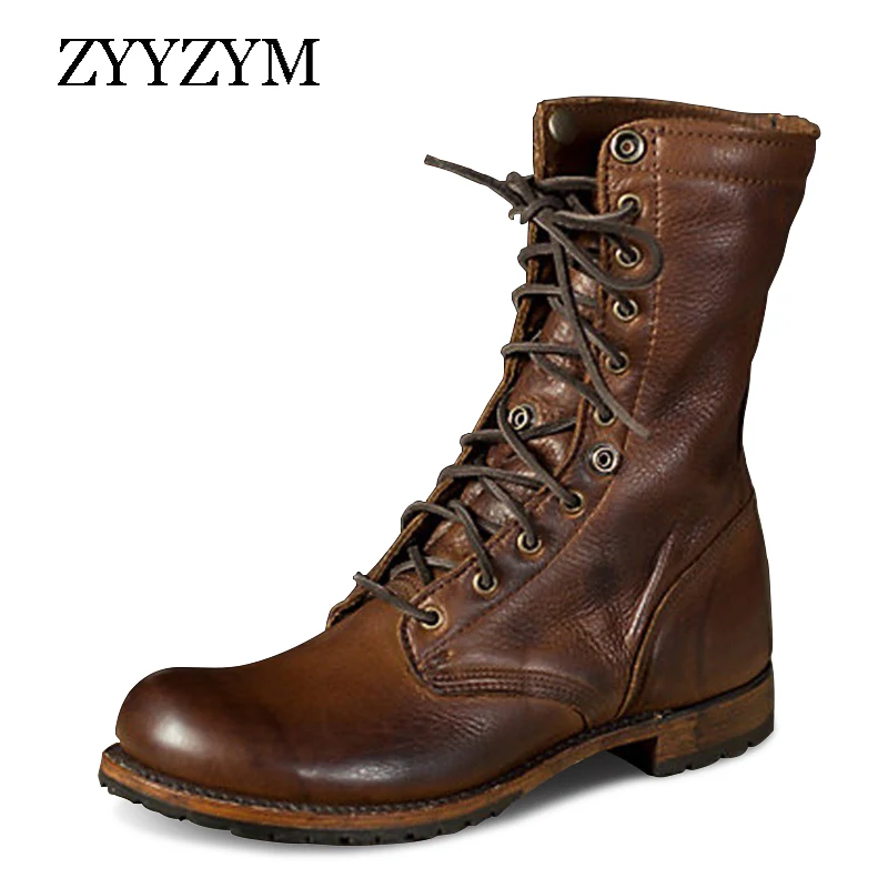 ZYYZYM Men Boots Leather Plus Size Knight boots Man Lace Up Men Ankle Boots Brithsh Motorcycle Boots for Men Zapatos De Hombre
