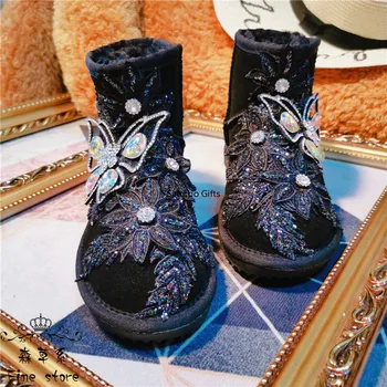 

Women Boots Winter Crystal Sewed Rhinestone Handmade Personal Bling Black Boots Plush Inner Warm Snow Boots Women Shoes Ankle