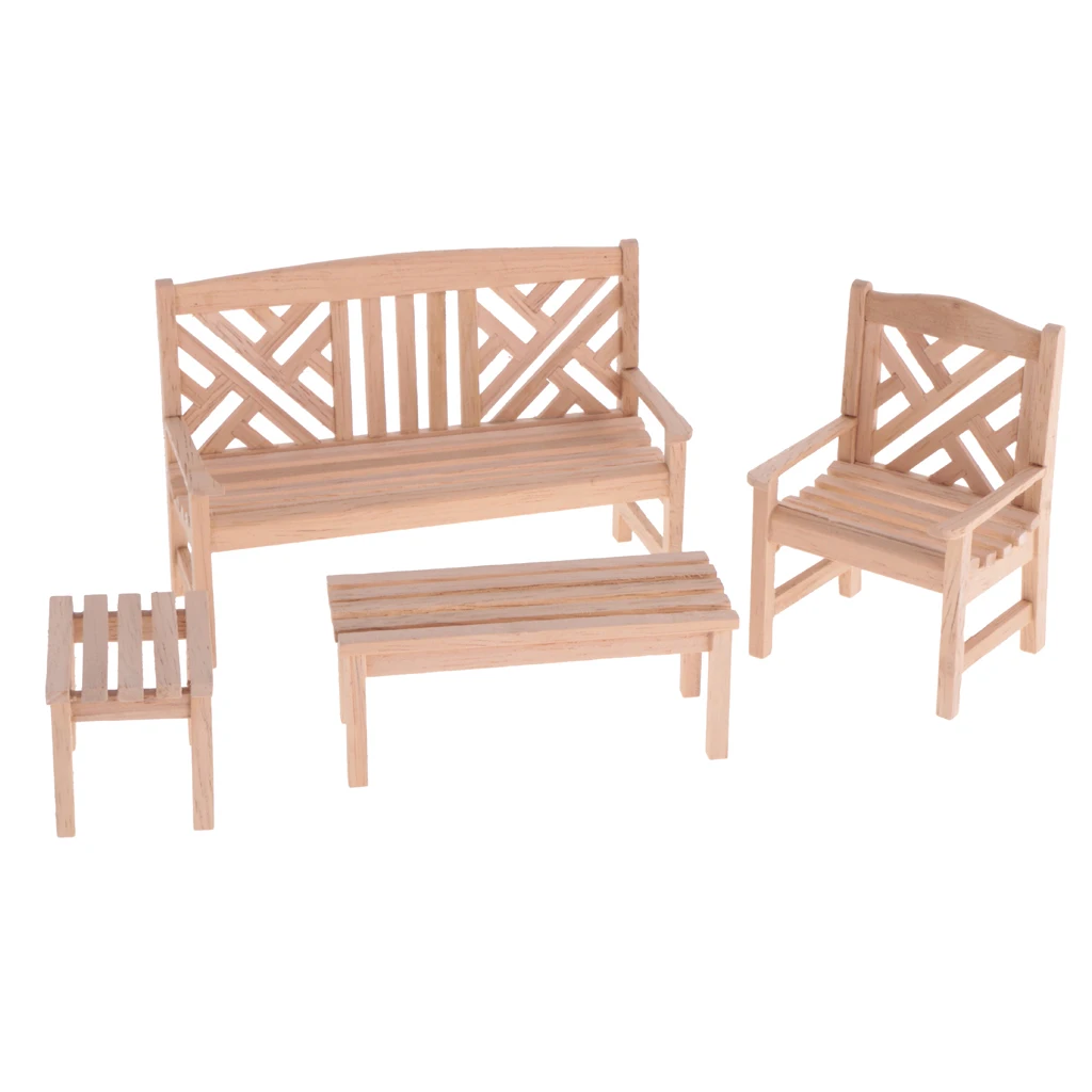 4 Pcs 1:12 Wooden Garden Furniture for Dollhouse Miniature Decor No Paint