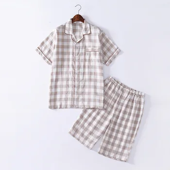

2020 Summer New Plus size Men Casual Plaid Pajama sets Male 100%Cotton Sleepwear suit Men's Turn-Down collar shirt & Half Pants