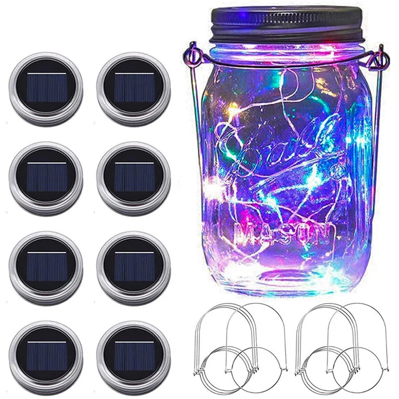 

Solar Mason Jar Lights,8 Pcs 20 LED Fairy Garden Jar Lid String Lights with Hangers (No Jars),Starry Firefly Lights Kit Hanging