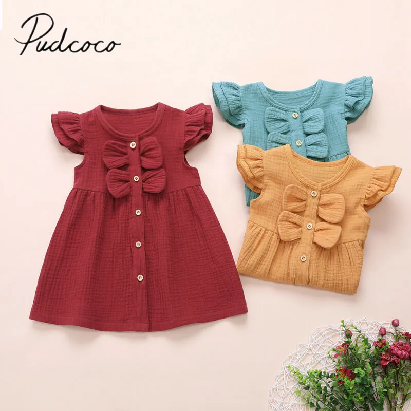 2020 Baby Summer Clothing Infant Girls Kids Sleeveless BOW Dress Ruffle Formal Party Cotton Linen Clothes 1-6Y | Детская одежда и