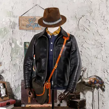

Japanese Kakji Tea Core Top Layer Small Cowhide Leather Motorcycle Jacket Men's Short Lapel Genuine Leather Clothes