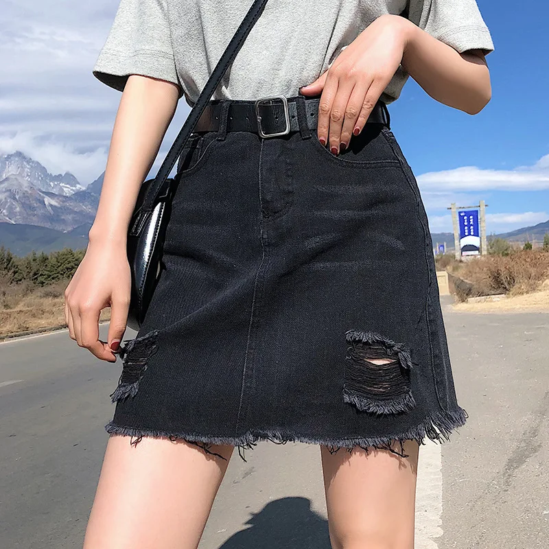 

Women Sexy Skirt Jeans Hollow Out Ripped Denim Summer Casual Streetwear Black Skirt Ladies High Waist Bodycon Slim A-line Skirt